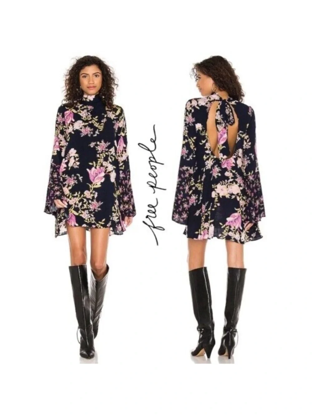 Free People Navy Floral Open-Back Mini Dress with Pink Blooms - Picture 2 of 12